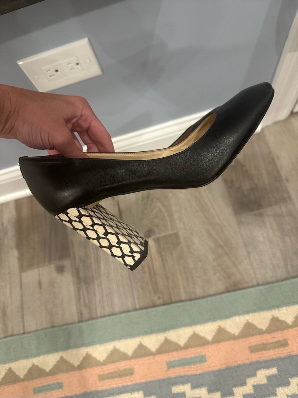 Ivanka Trump Black Leather Pump with Patterned Block Heel